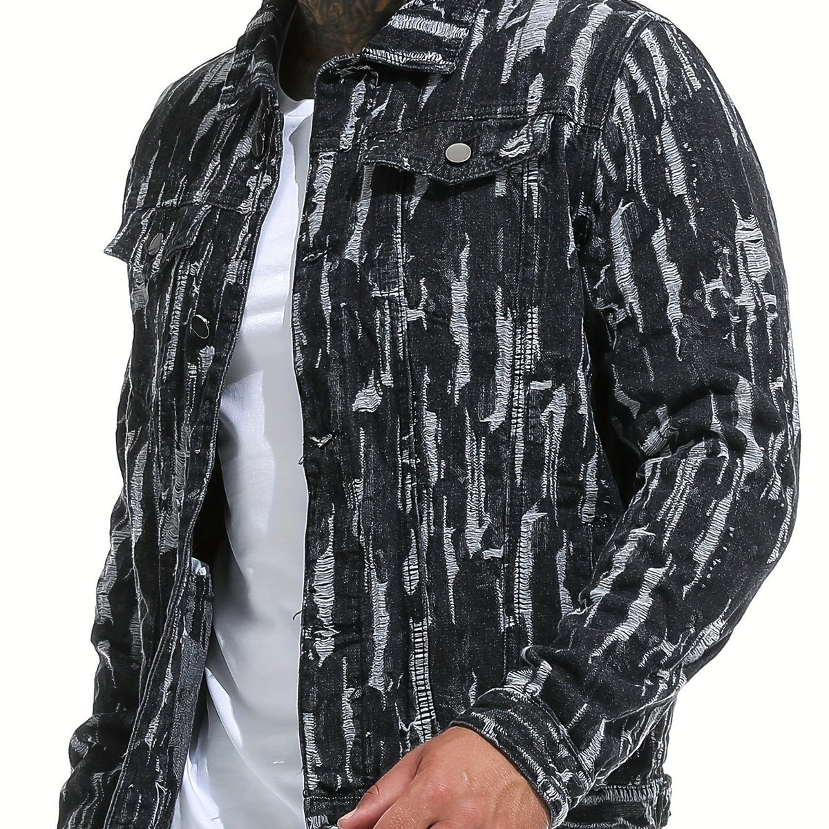 Men's Pattern Denim Jacket Turn-down Collar Chest Collar Jacket