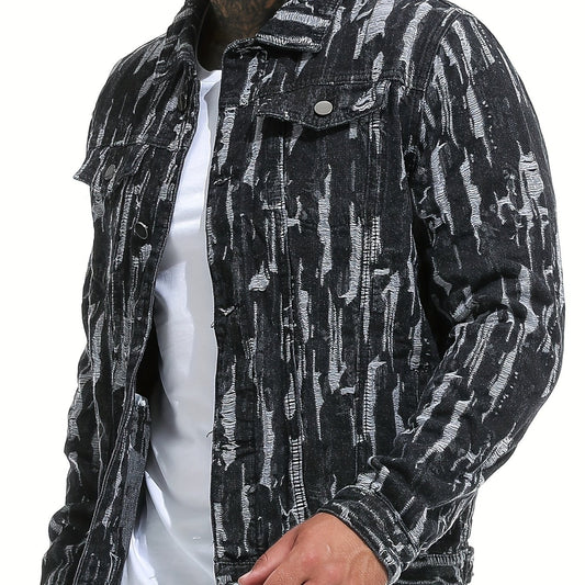 Men's Pattern Denim Jacket Turn-down Collar Chest Collar Jacket