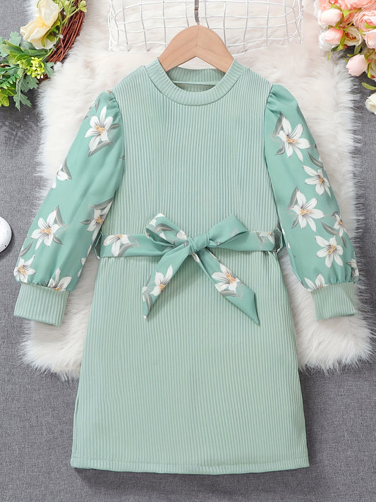 Floral Colorblock Long Sleeve Casual Dress Set with Belt