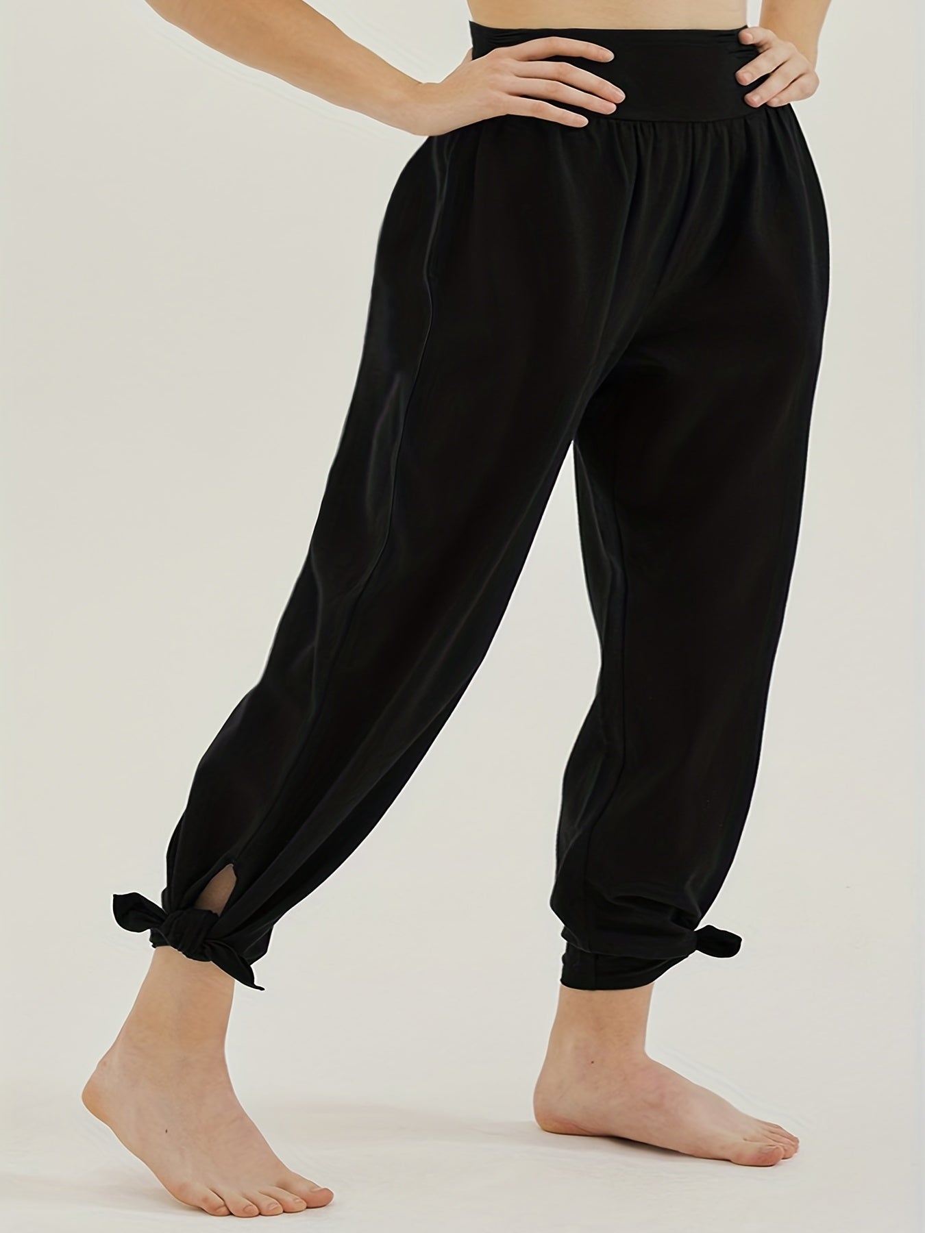  Sporty Pants Women's Plus Solid High Waist Adjustable Tie Knots Pocket