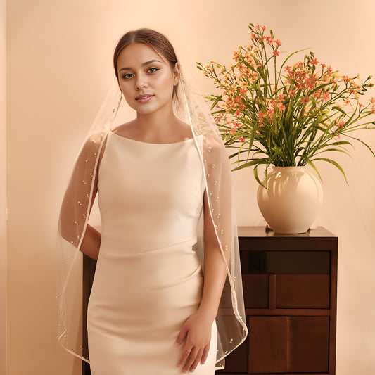 Long Bridal Veil with Beaded Detail Satin V Neck 3 4 Sleeve
