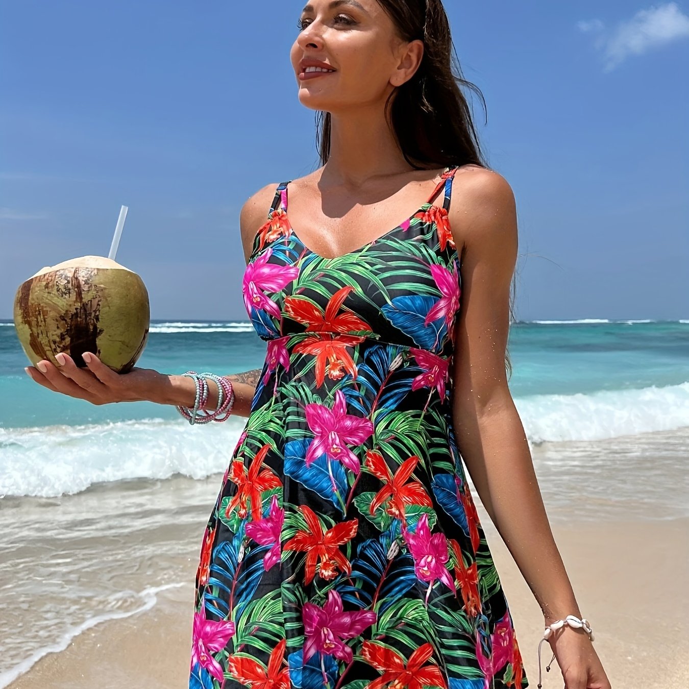  Tropical Print Cami Top & Solid Panty Swimsuit Set