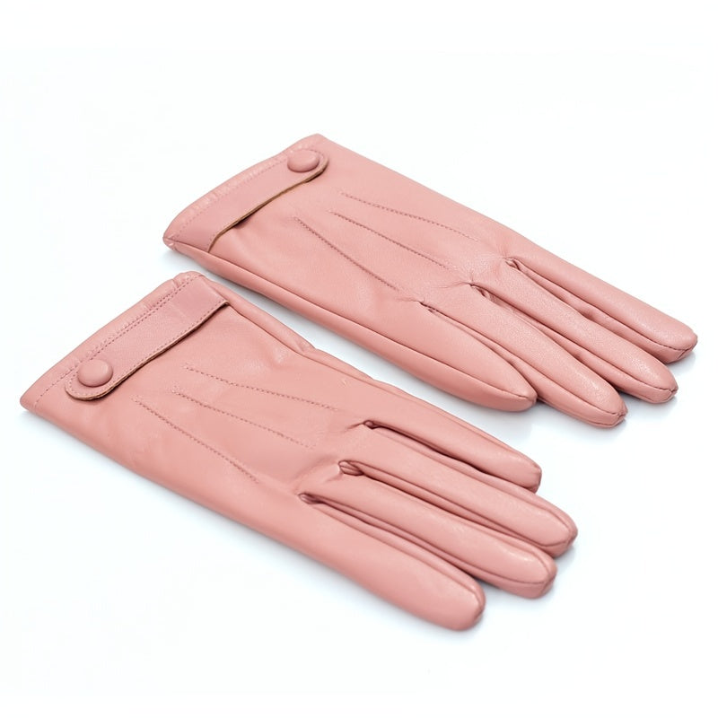 Women's Winter PU Leather Gloves with Buttons - Warm Mittens