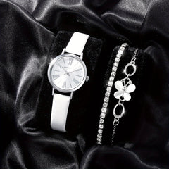 Stylish PU Leather Watch Set with Rhinestone Bracelets