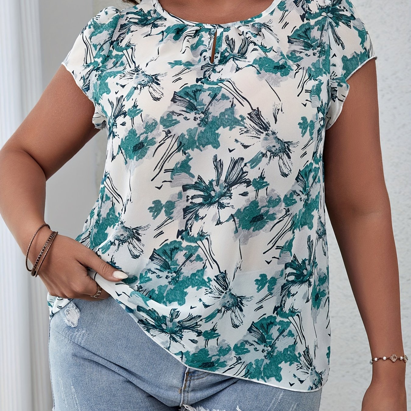  Casual Blouse Women's Plus Floral Print Short Sleeve Round Neck