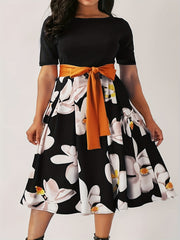  Colorblock Floral Print Belted Midi Dress