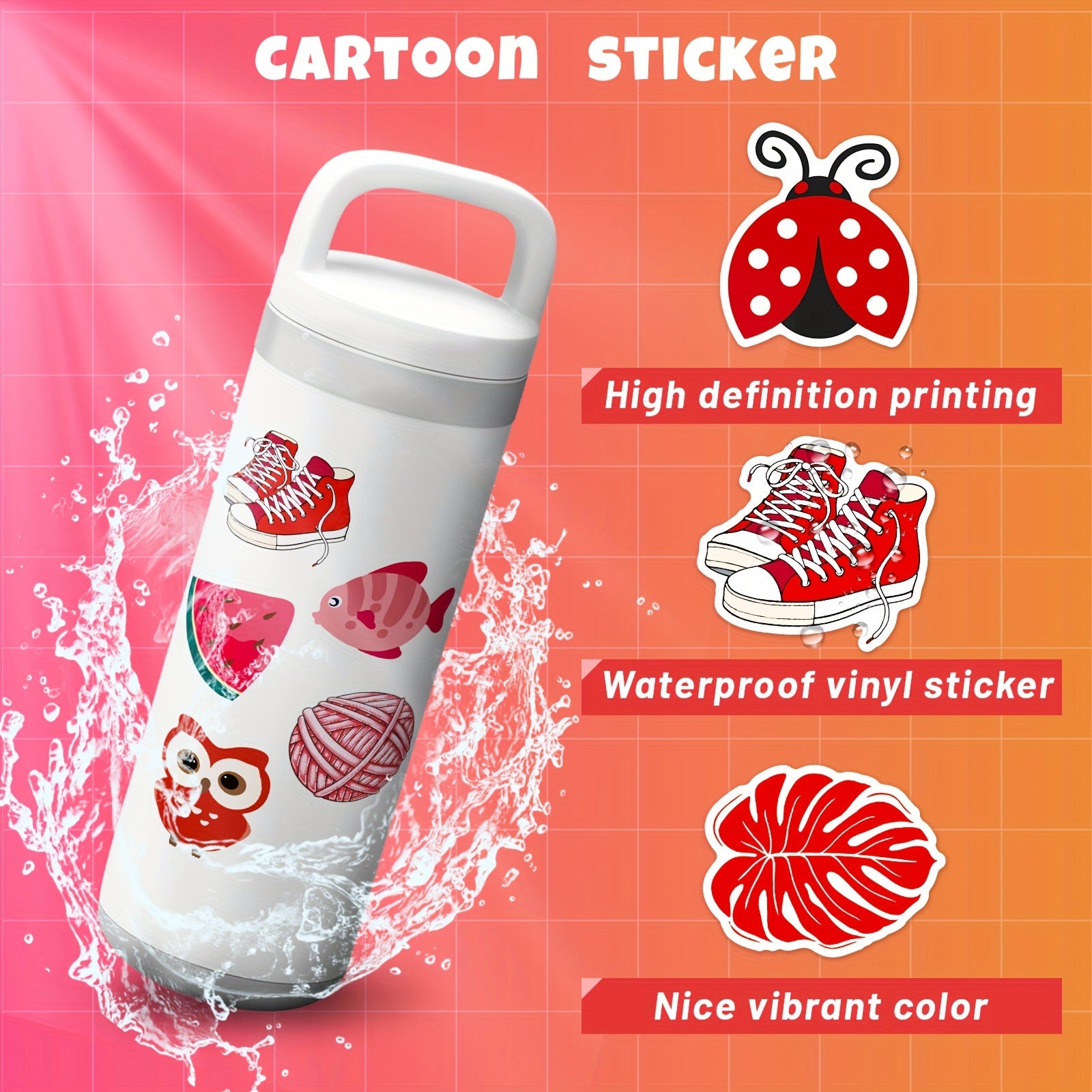 50pcs Red Mix & Match Small Fresh Cartoon Stickers DIY Waterproof Decoration