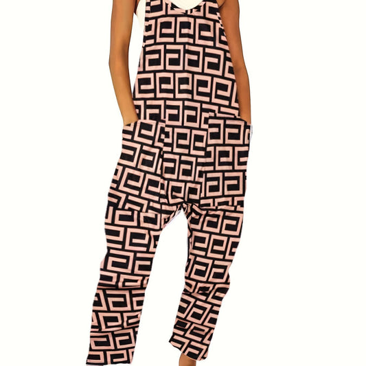 Geo Print Pockets Overall Jumpsuit for Women