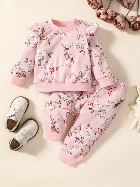 2pcs Baby Girls Deer And Flowers Print Sweatshirt & Pants Set