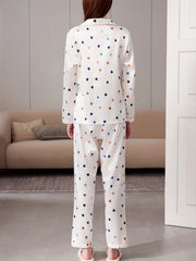 Heart Print Pajama Set Long Sleeve Buttons Top & Elastic Waistband Pants