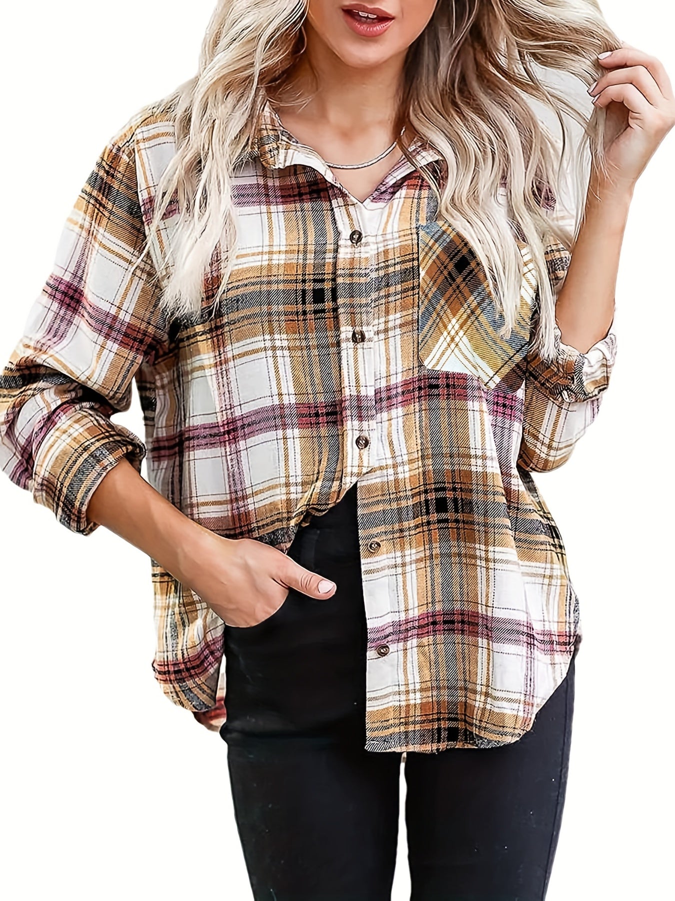 Plaid Button Front Pocket Shirt Long Sleeve Casual Shirt