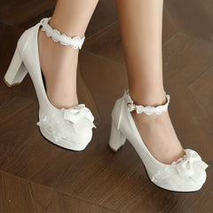 Women's Lace Bowknot Block High Heels Round Toe Ankle Strap Pumps