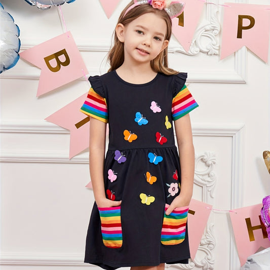 Girls Ruffles Butterfly Embroidery Rainbow Cotton Dress