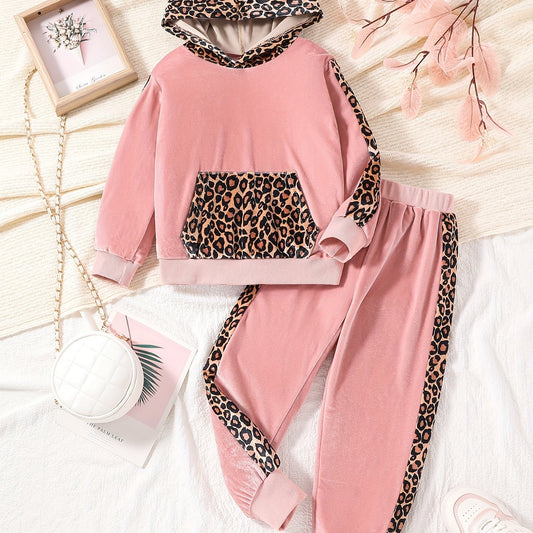 Leopard Velvet 2pcs Hoodie & Sweatpants Set for Girls