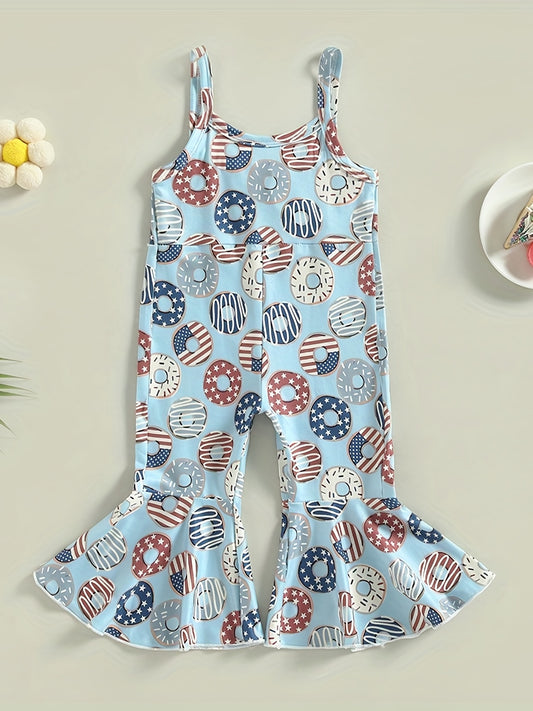 Girl Donuts Print Overall Jumpsuit Sleeveless Wide Leg Romper Pants