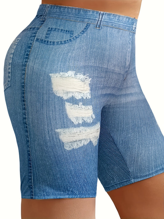  Denim Print High Rise Stretchy Skinny Shorts