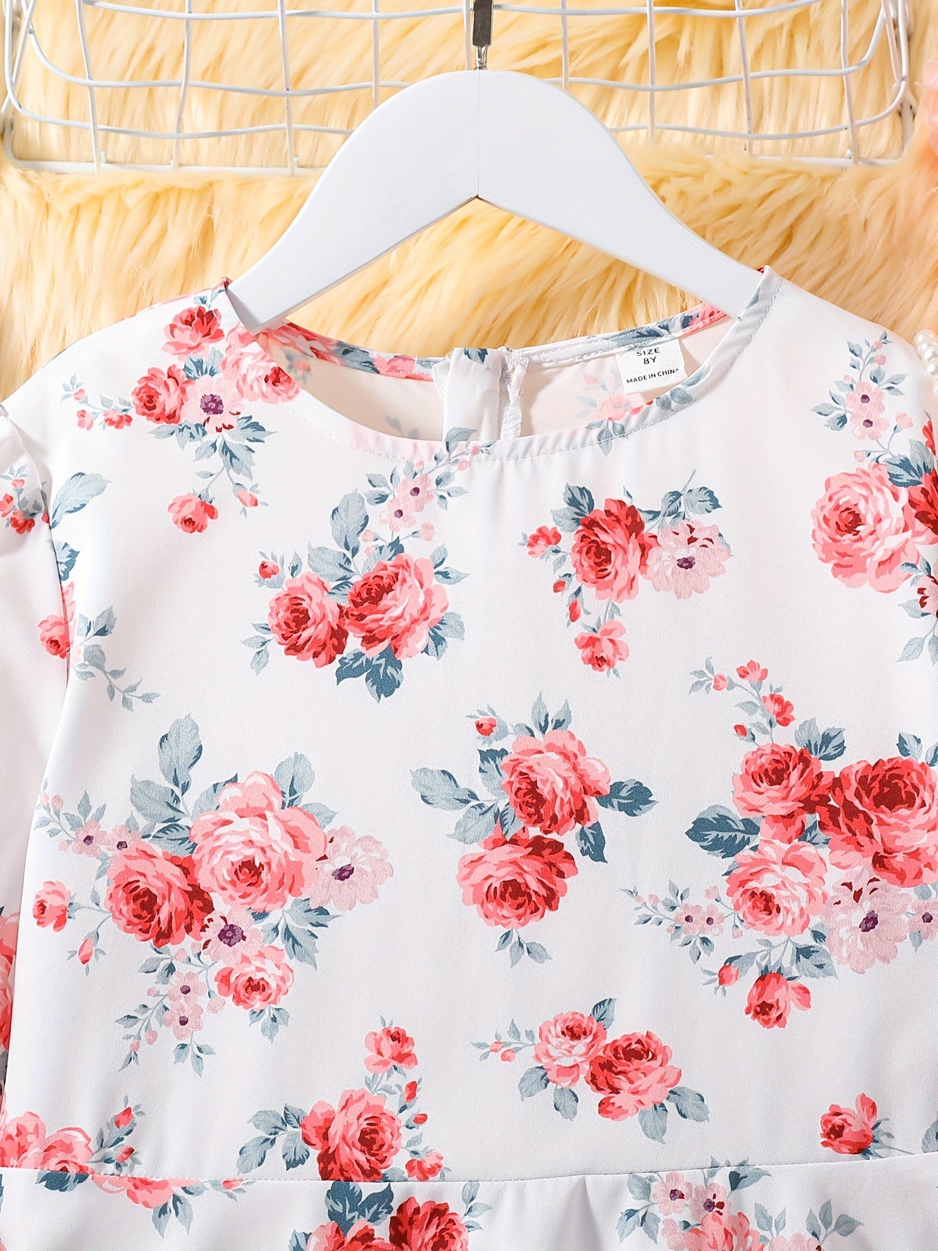 Girls' Floral Round Neck A-line Long Sleeve Dress