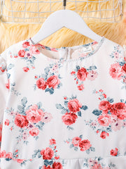Girls' Floral Round Neck A-line Long Sleeve Dress