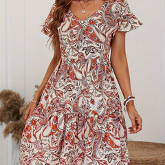  Paisley Print V Neck Mini Dress