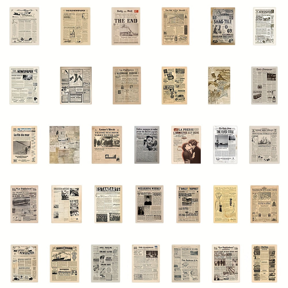Vintage Newspaper Stickers - 63pcs Retro Waterproof Vinyl Sticker