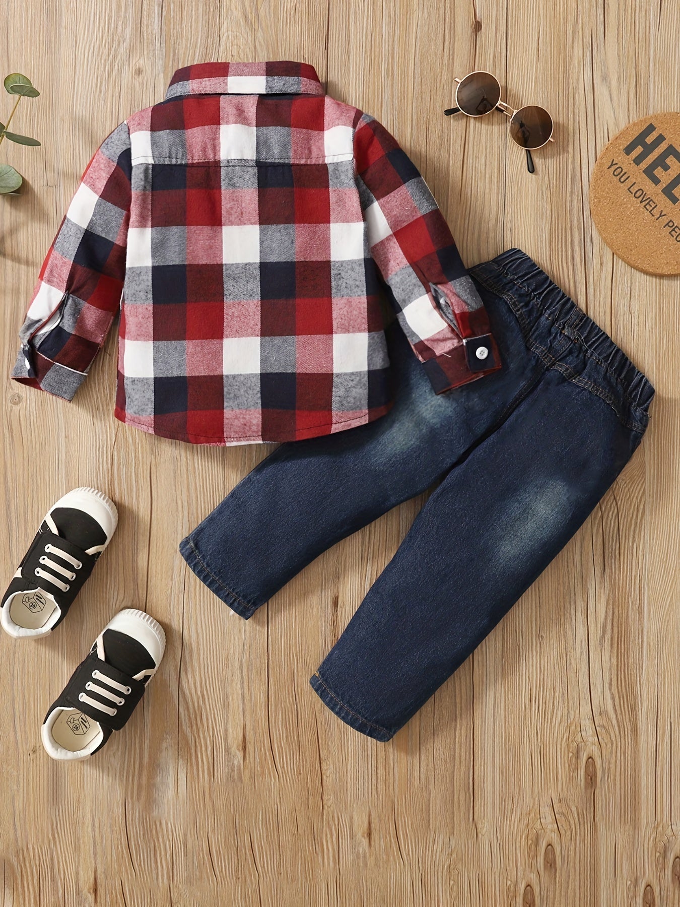 Boy's Plaid Shirt & Ripped Denim Pants Set For Spring Fall