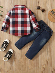 Boy's Plaid Shirt & Ripped Denim Pants Set For Spring Fall