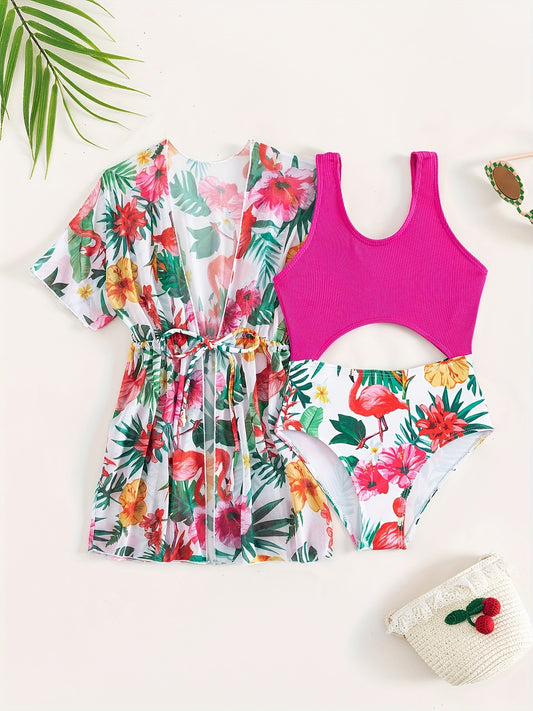 Girl's Tropical Plant Print Swimsuit & Cover Up Tankini Bathing Suit