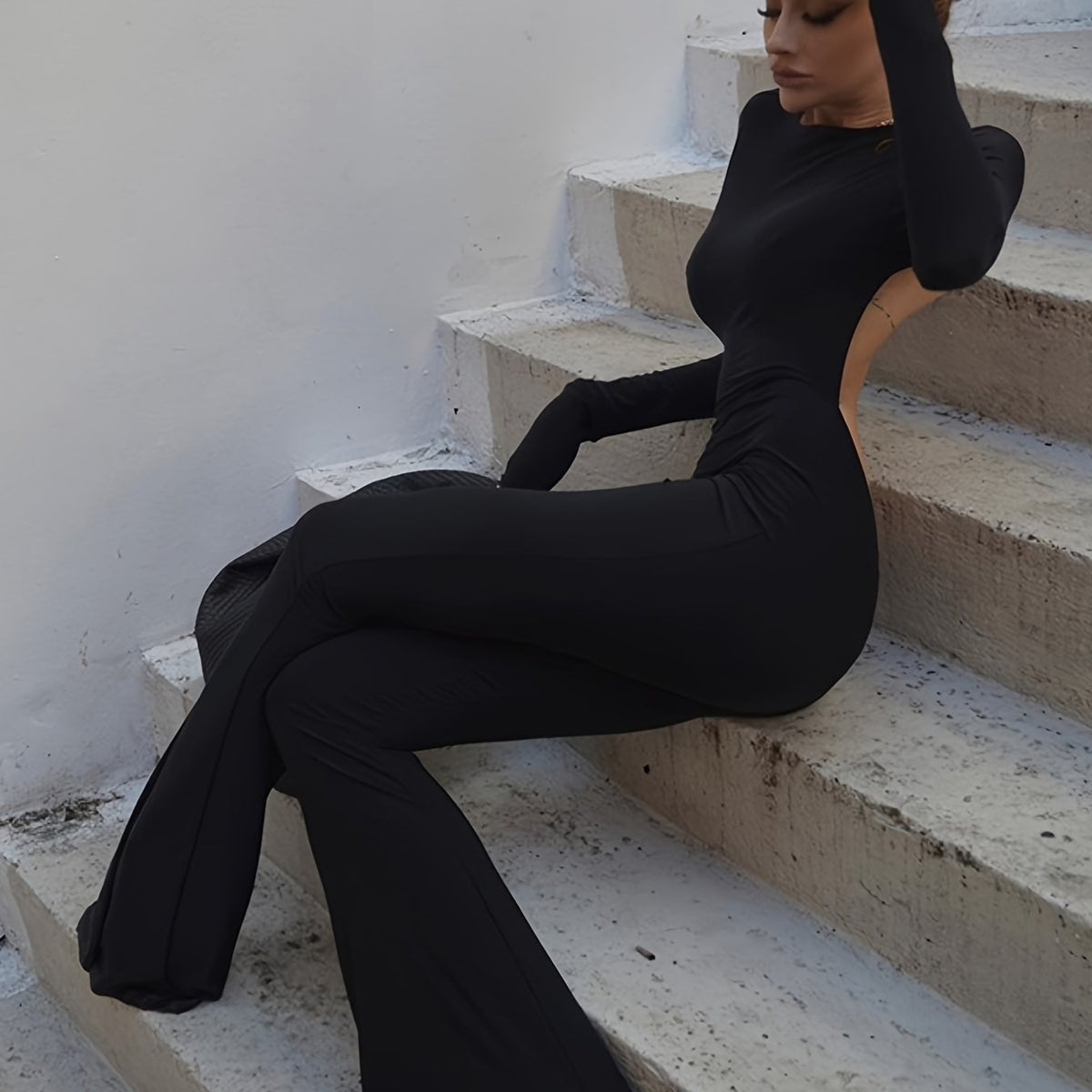 Backless Flared Leg Jumpsuit Sexy Long Sleeve Crew Neck Jumpsuit