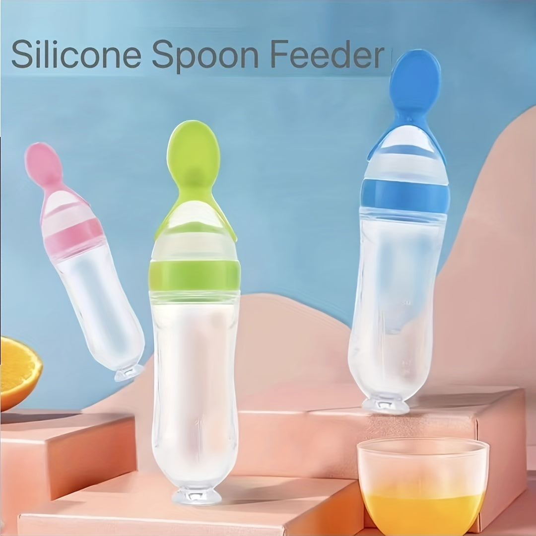 1pc Baby Food Feeder 90ml 3oz Silicone Feeding Bottle With Spoon And Stand