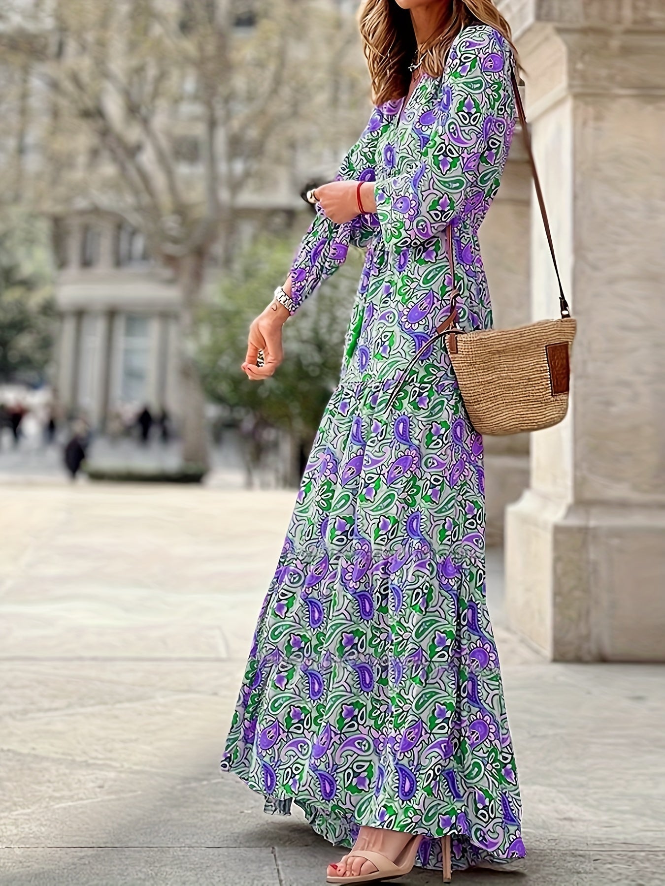 Boho Paisley Print Lantern Sleeve V Neck Smock Dress