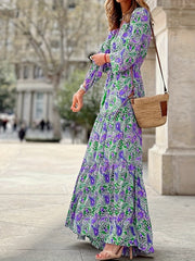 Boho Paisley Print Lantern Sleeve V Neck Smock Dress
