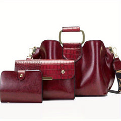 3-Pc Crocodile Pattern Bag Set Vintage Shoulder & Clutch Purse Credit Case