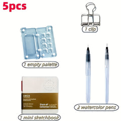 5pcs Mini Acrylic Painting Kit w/ Palette, Brushes, Clip, Sketchbook