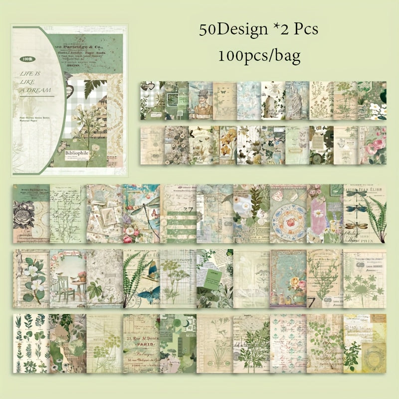 100pcs Vintage Story Series Floral & Botanical DIY Scrapbooking Kits