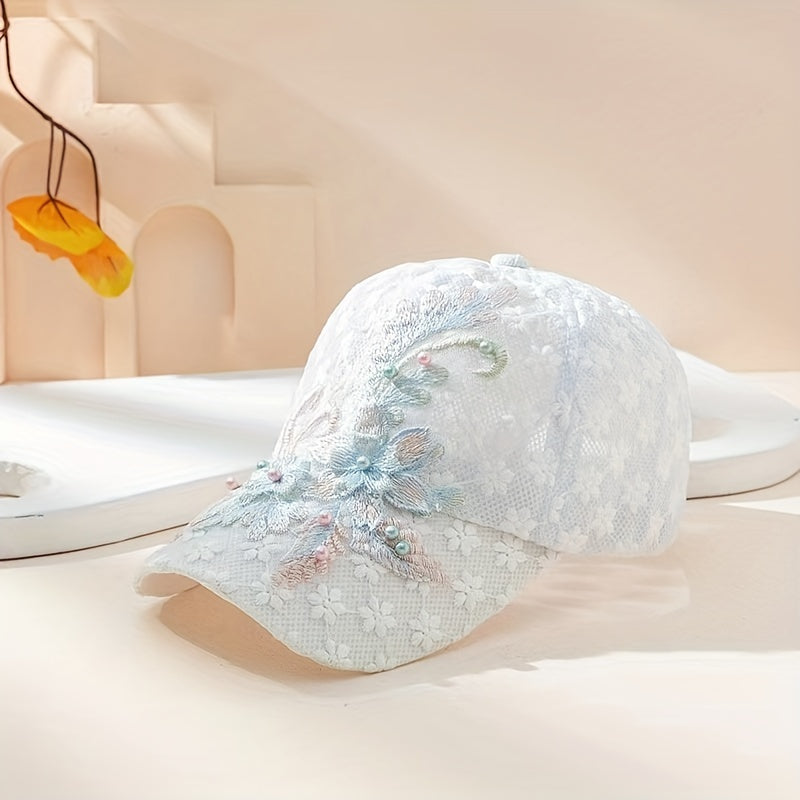 Flower Embroidery Mesh Trucker Hat Faux Pearl Decor Lace Baseball Cap