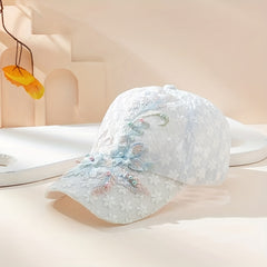 Flower Embroidery Mesh Trucker Hat Faux Pearl Decor Lace Baseball Cap