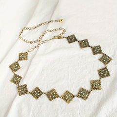 Geometric Flower Carved Waist Chain Turquoise Inlay Vintage Square Chain