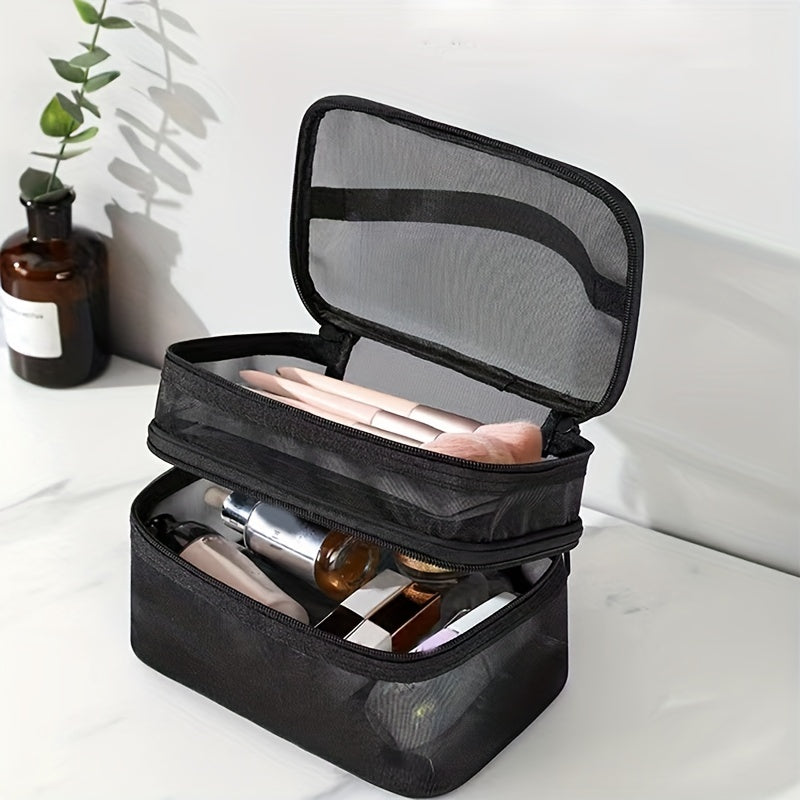 Portable Mesh Double Layer Cosmetics Bag - Large Capacity Toiletry Bag