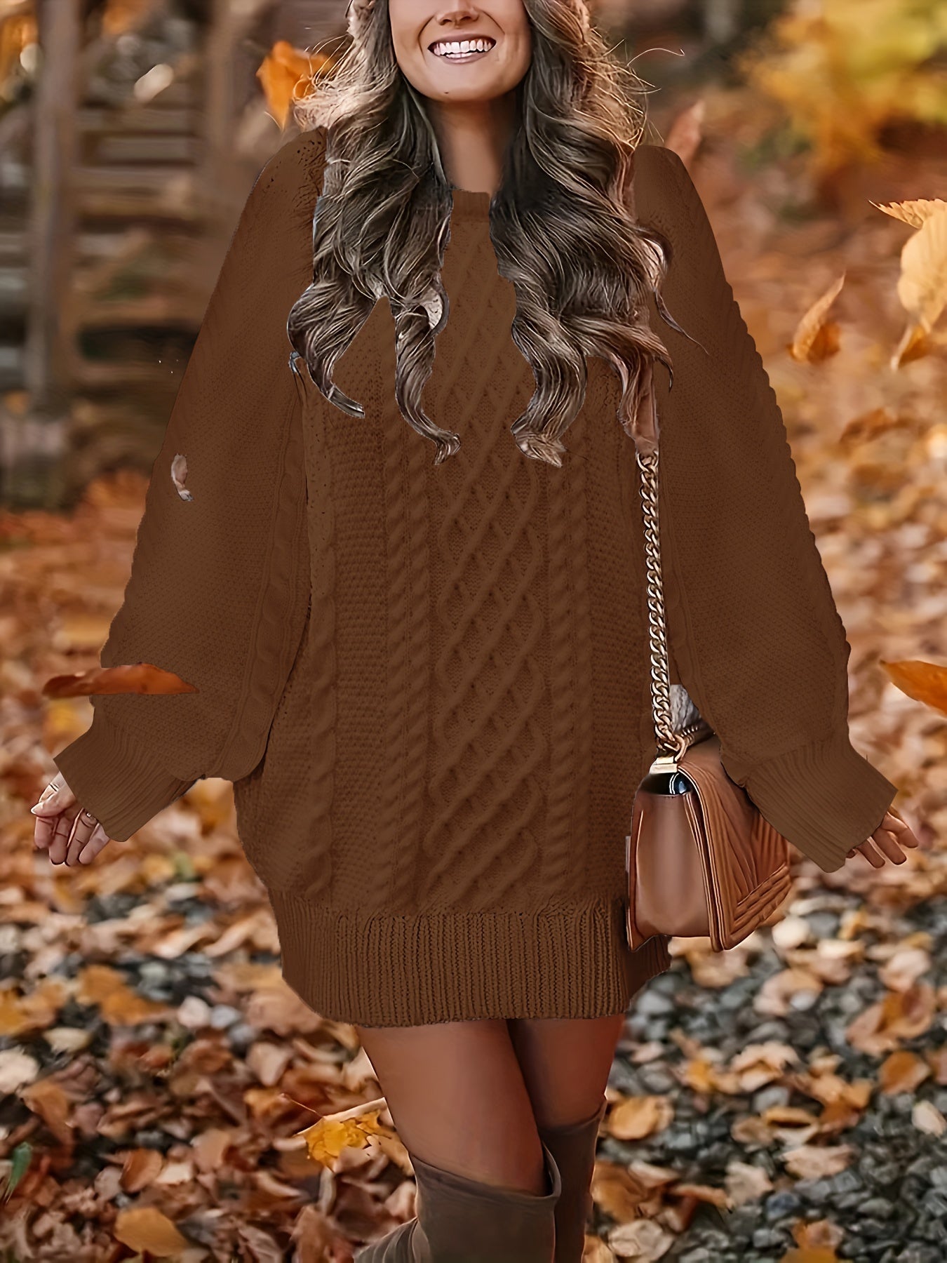  Cable Lantern Sleeve Sweater Dress Loose Fit M