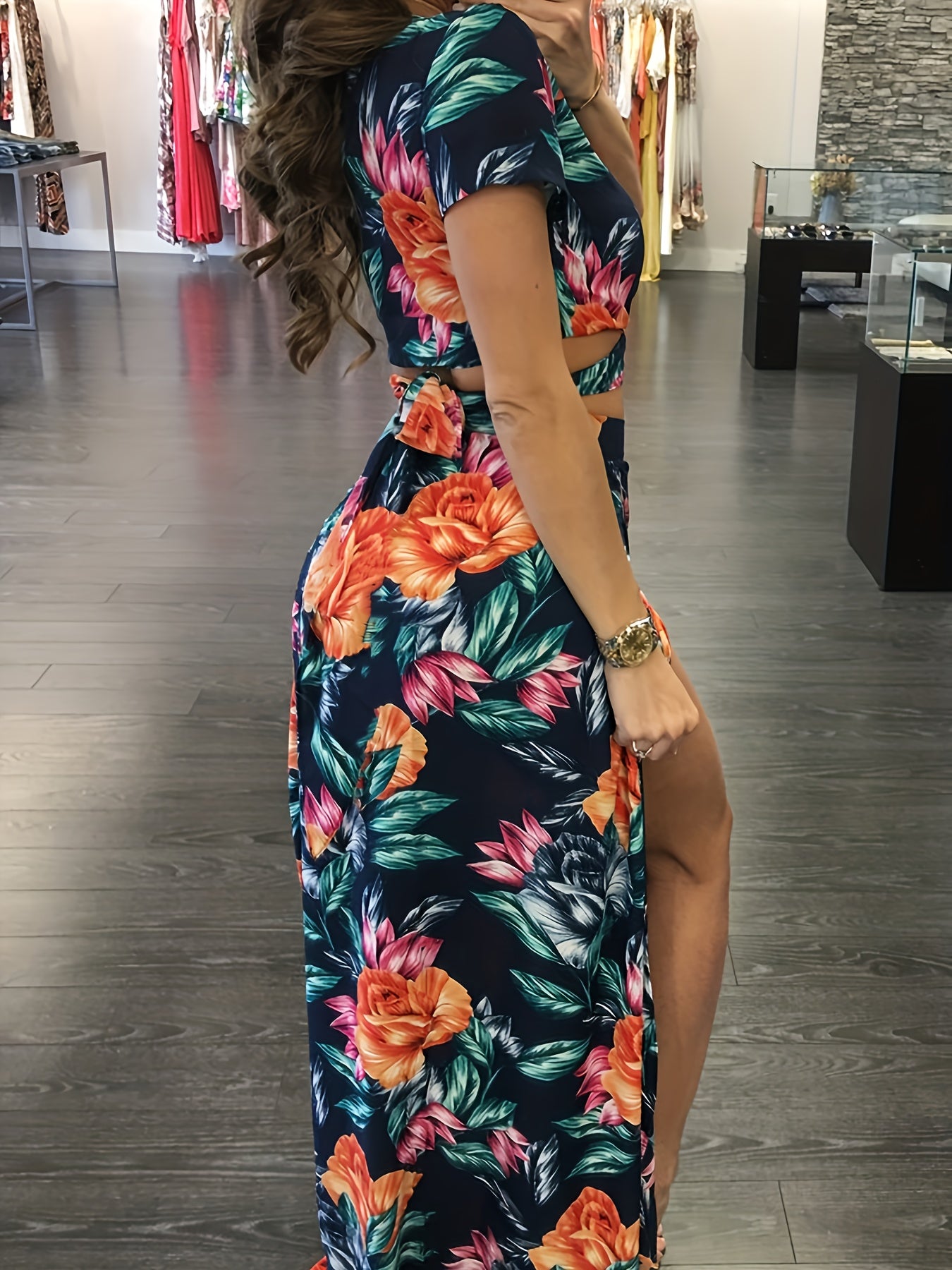 Floral Print Two-piece Set Crop Top & Split Skirt Outfit