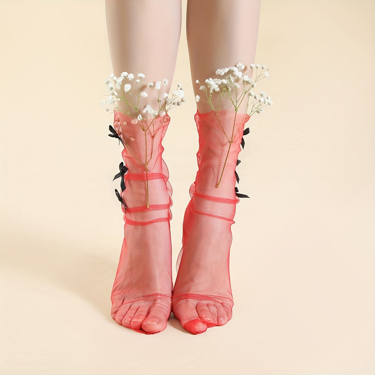 Bow Decor Mesh Socks Sheer Stockings Women's Hosiery