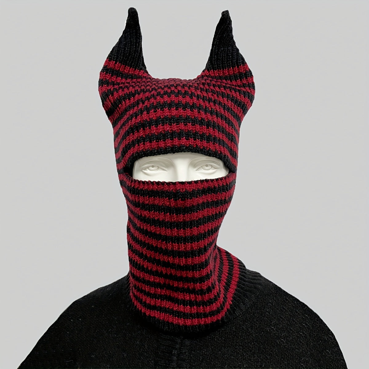 Unisex Halloween Striped Knit Hat With Horns For Warmth