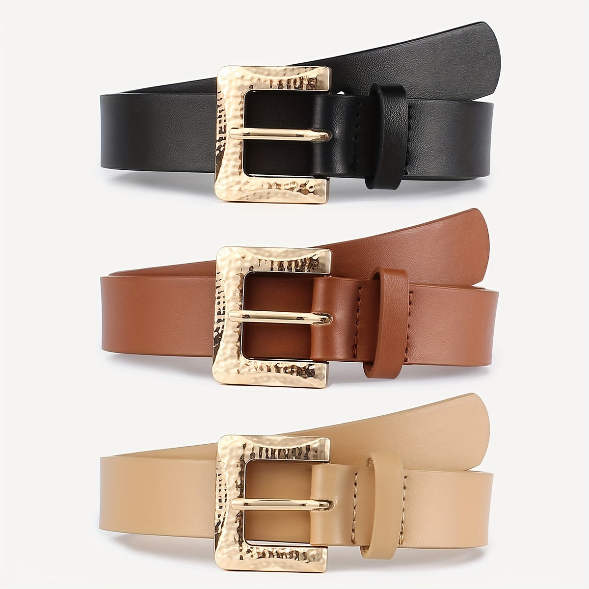3pcs Golden Square Buckle Belt Solid PU Leather Waist Belt