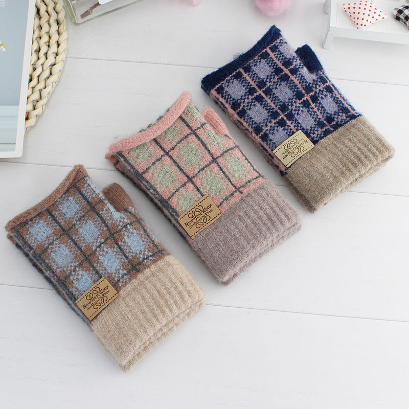 Women's Plaid Striped Woolen Half Finger Gloves
