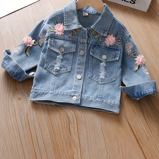 Girls' Flower Decor Denim Jacket Top