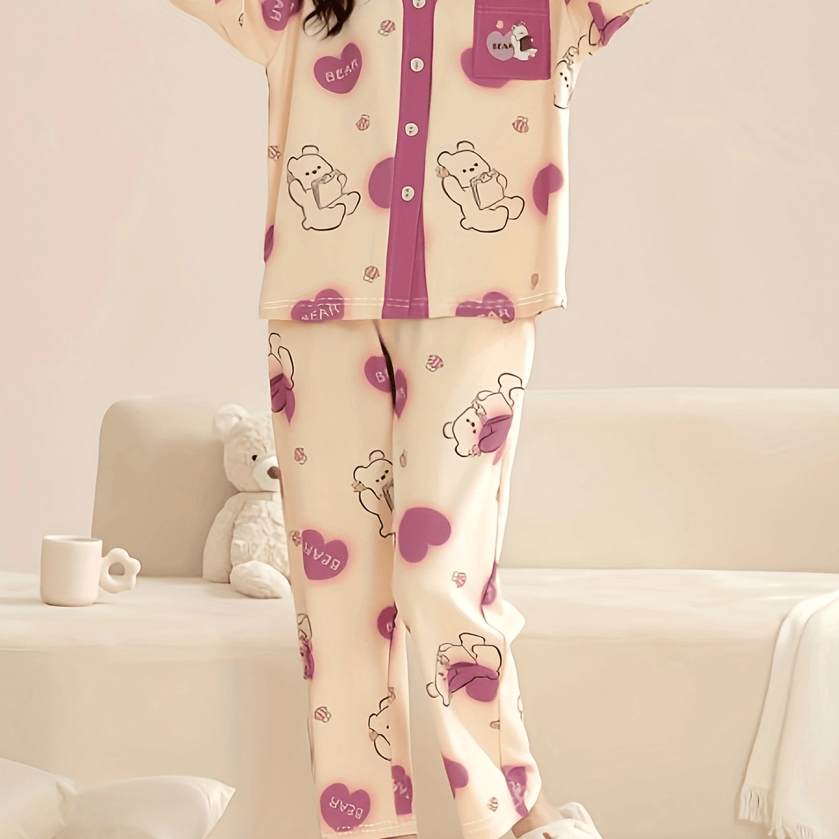 Bear Print Pajama Set Long Sleeve Top & Pants