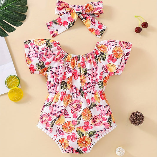 Baby Girls Fruit Graphic Flutter Sleeve Bodysuit With Furry Ball Decors