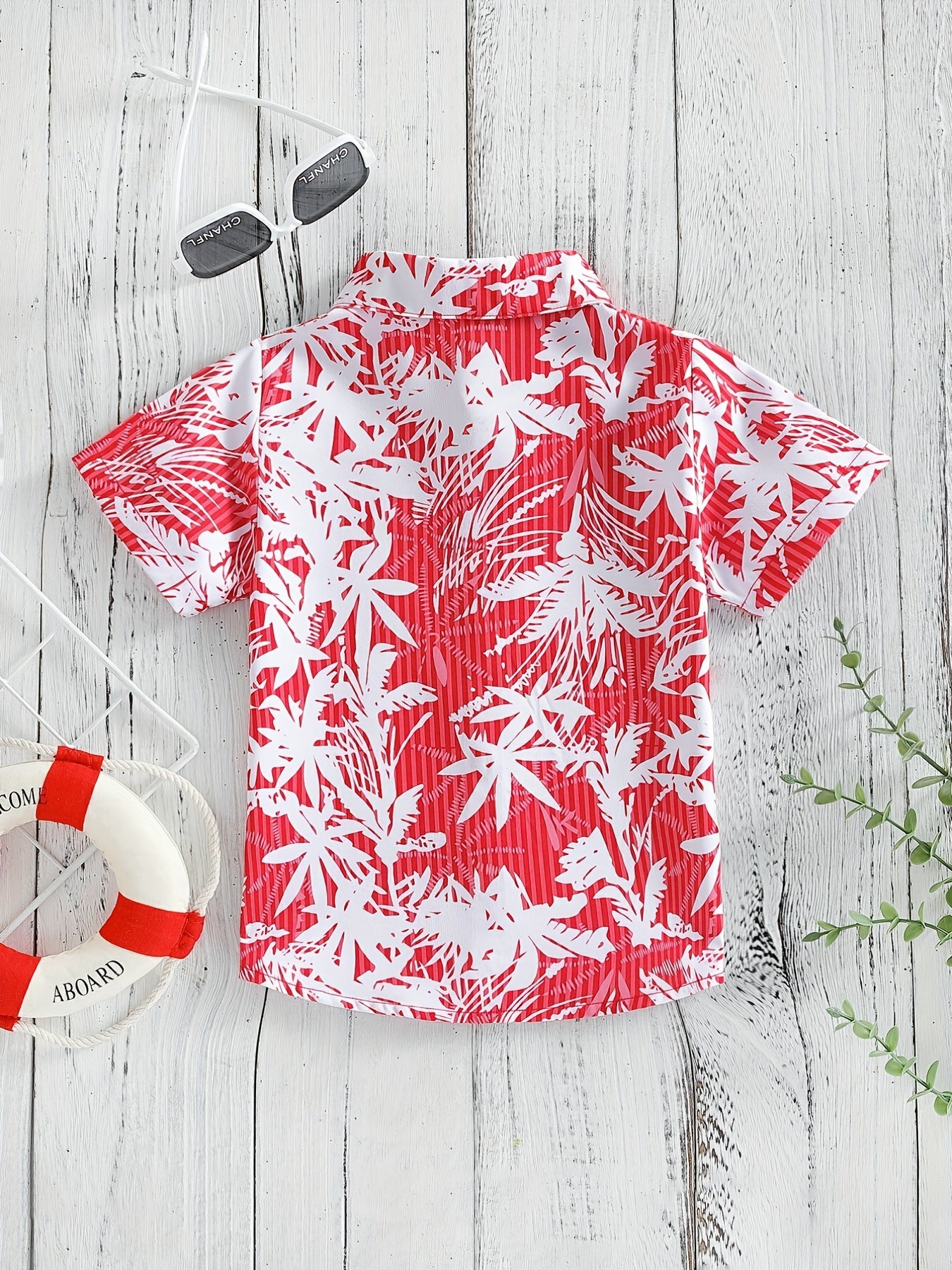 Boys Leaf Print Short Sleeves Shirt For Vacation Beach Kids Summer Clothes