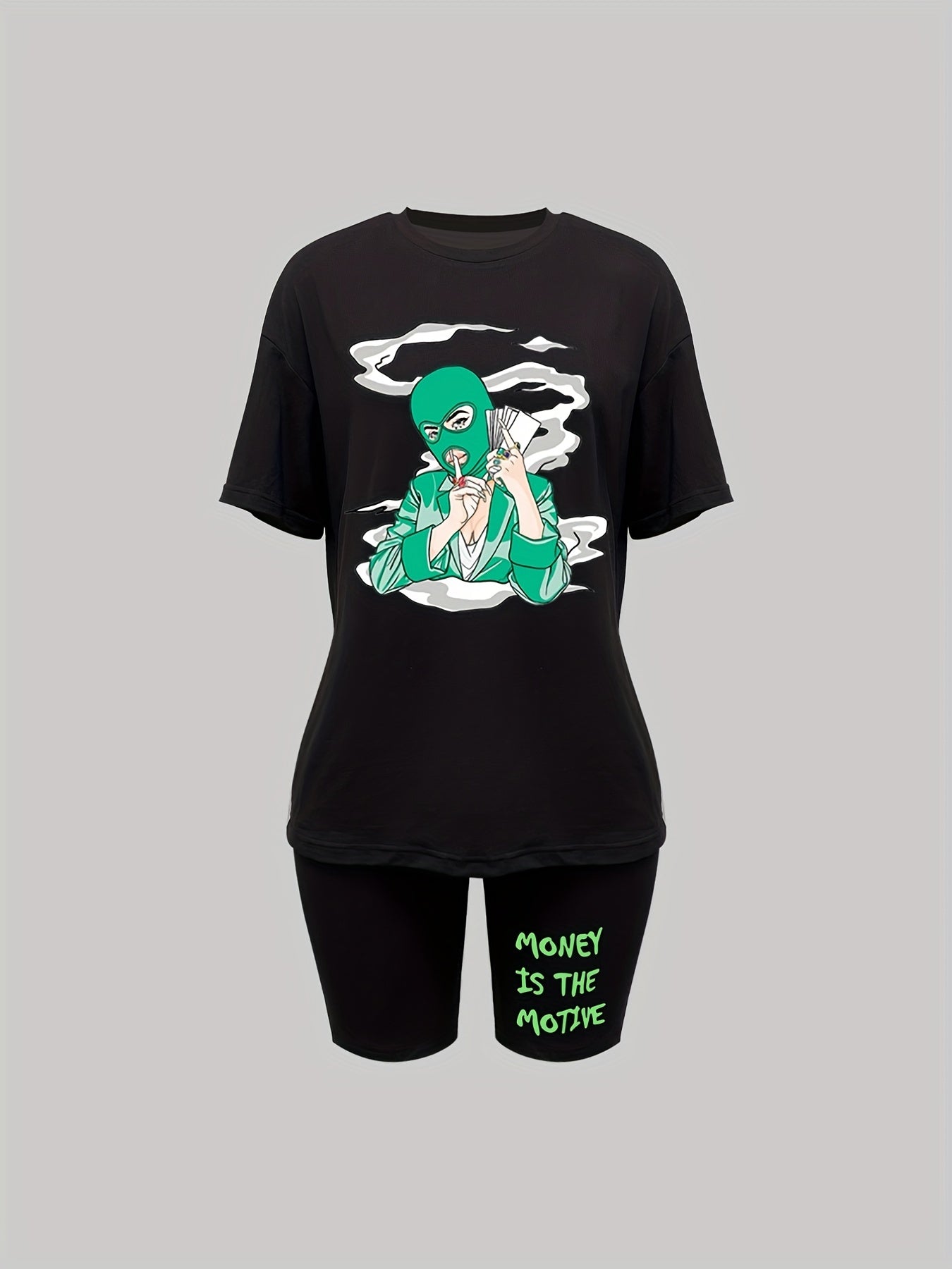 Cartoon Print 2pc Set Drop Shoulder T Shirt & Shorts