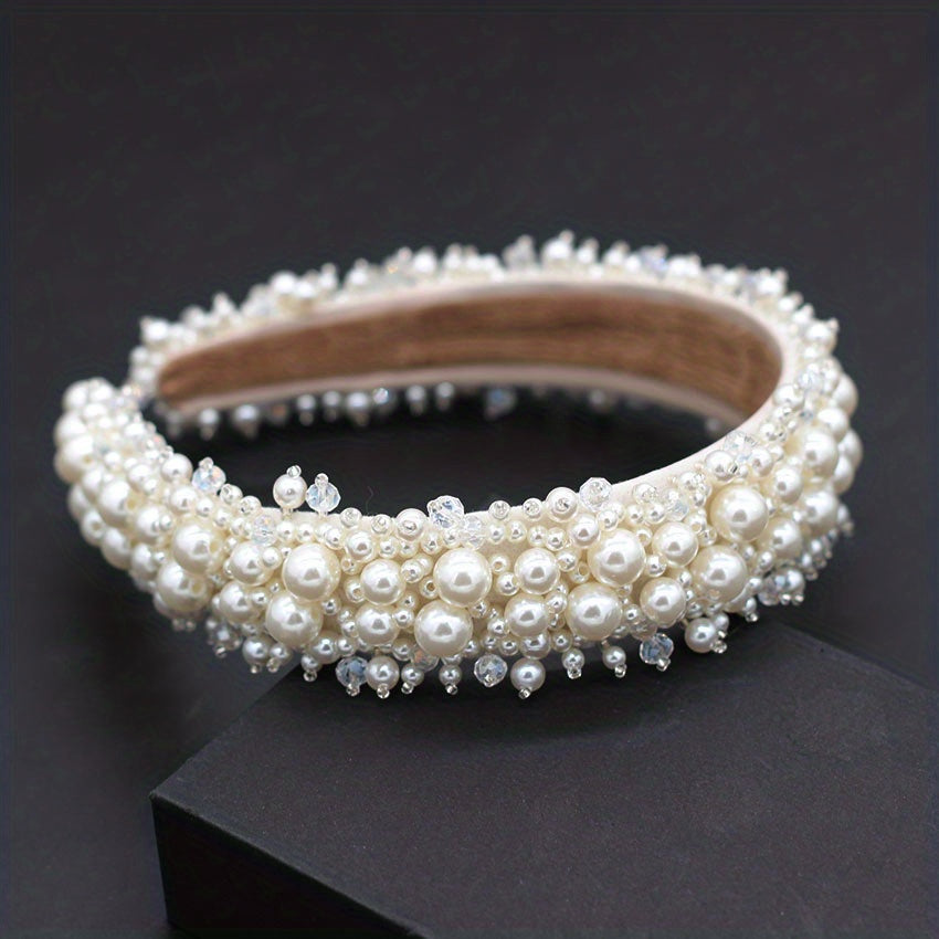 Baroque Faux Pearl Beaded Headband Wide Head Hoop Hair Band Bridal Headdress